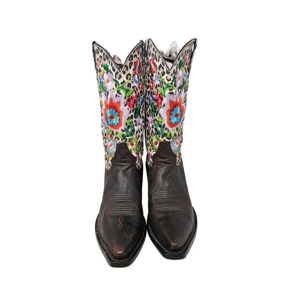 Macie Bean 10 Leopard Print Floral Embroidered Leather Cowgirl Boot Western - Picture 5 of 7